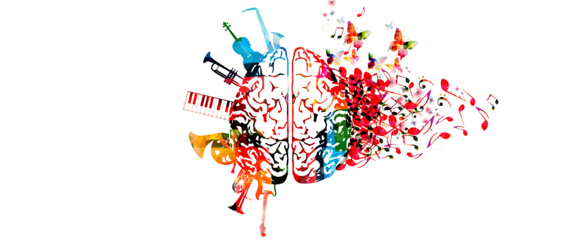Sally Marlow BBC Radio 3 Residency - illustration showing drawing of half a brain made up of instruments and the other half musical notes