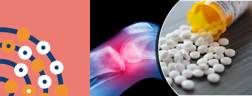 X-ray of a joint glowing red with pain, and pills spilling across table ontop of this