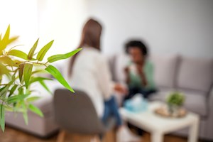 Close-up of psychotherapist analyzing patient's problem in the office stock photo